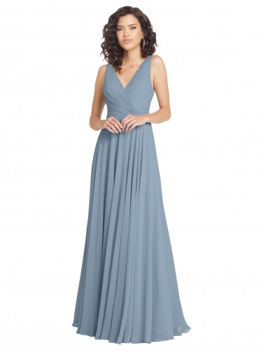 Shop Faux Surplice Bodice Long Chiffon Bridesmaid Dress with V-Neckline UK