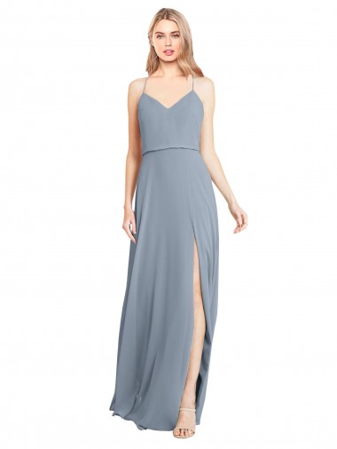 Shop Spaghetti Straps V-Neckline Long Chiffon Bridesmaid Dress with High Slit UK