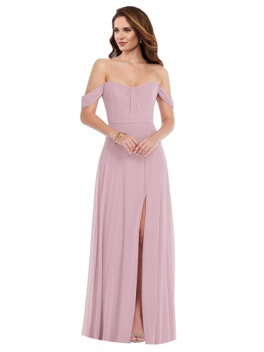 Shop Off the Shoulder Draped Sleeve Maxi Bridesmaid Dress with Front Slit UK