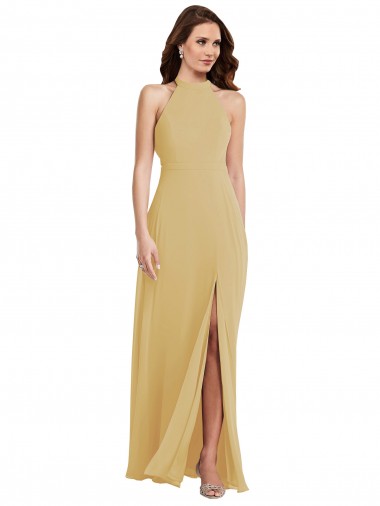 Shop Stand Collar Halter Maxi Bridesmaid Dress with Criss Cross Open Back UK