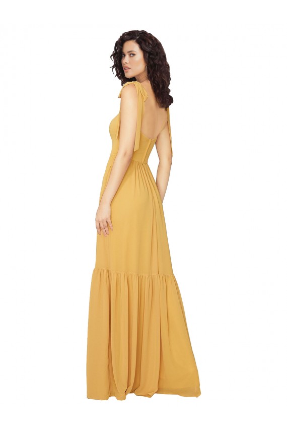 Tied Strap Square Neck Long Chiffon Bridesmaid Dress