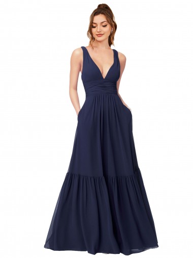 Shop Floor Length Deep V-Neck Ruched Chiffon Long Bridesmaid Dress UK