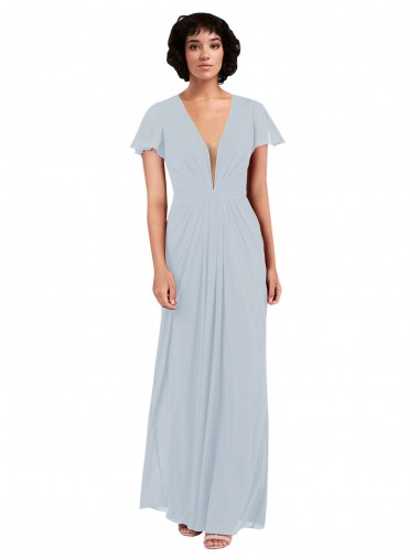 Shop Deep V-Neckline Chiffon Bridesmaid Dress with Flutter Sleeves UK