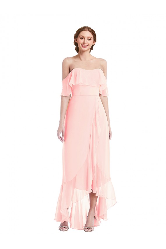 Off the Shoulder Ruffled High Low Maxi Bridesmaid Dress