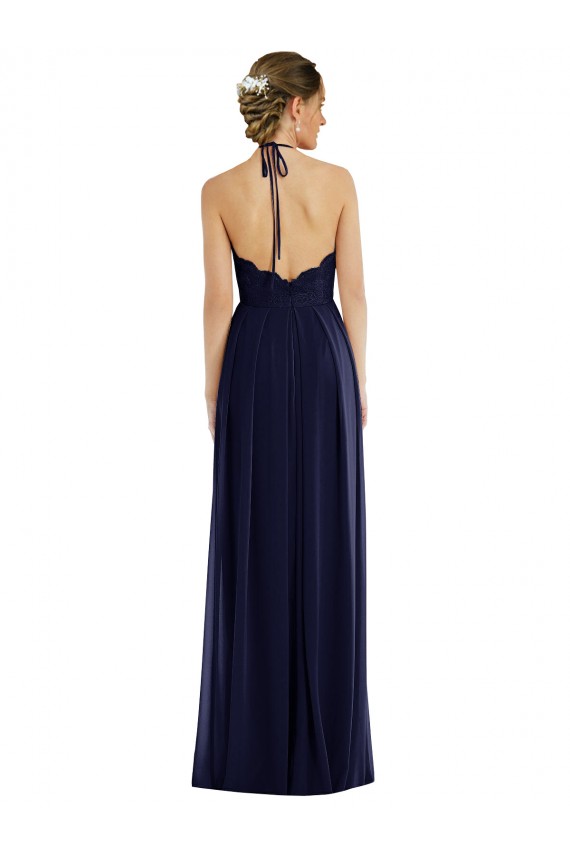 Tie Neck Lace Halter Pleated Skirt Maxi Bridesmaid Dress