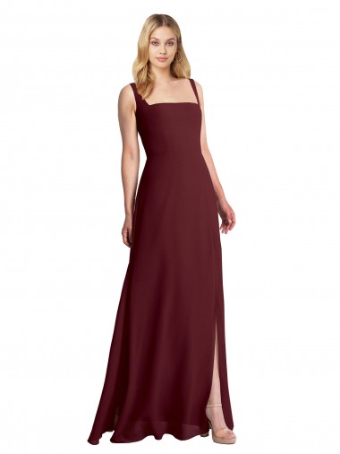 Shop Square Neckline Soft A-Line Chiffon Bridesmaid Dress with Side Slit UK