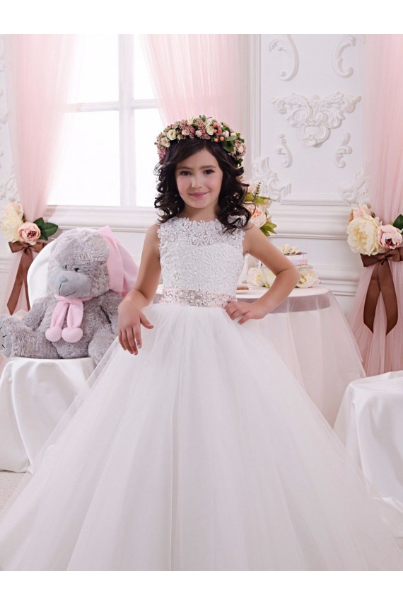 Ivory Ball Gown Bateau Chapel Train Sleeveless Flower Girl Dress
