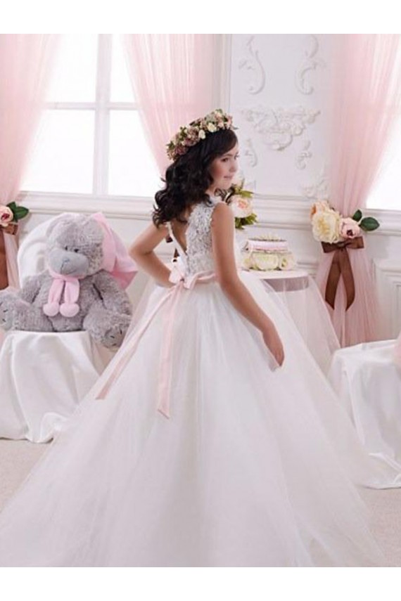 Ivory Ball Gown Bateau Chapel Train Sleeveless Flower Girl Dress