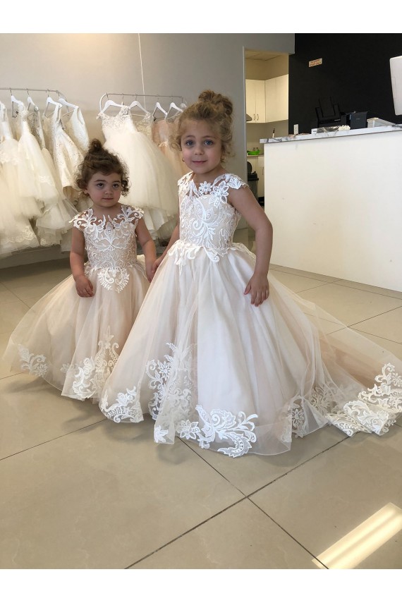 Ivory Ball Gown Chapel Train Sleeveless V-Back Flower Girl Dress