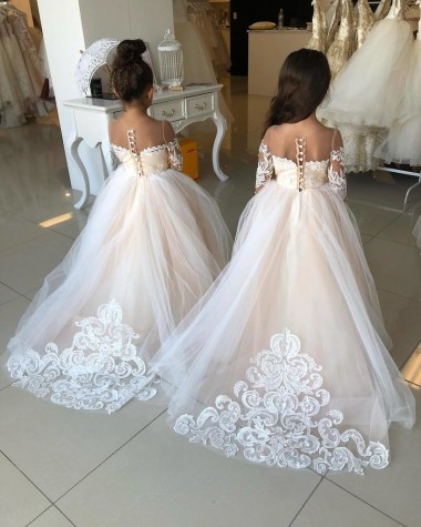 Shop Ivory Ball Gown Sweetheart Chapel Train Long Sleeve Flower Girl Dress UK