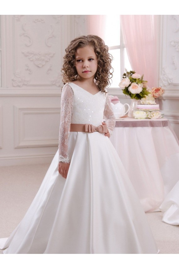Ivory Ball Gown V-Neck Chapel Train Long Sleeve Flower Girl Dress