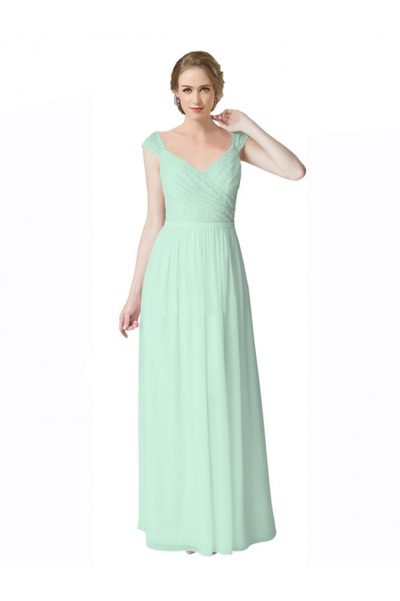 Long Chiffon Bridesmaid Dress with Corded Lace V-Neck Bodice