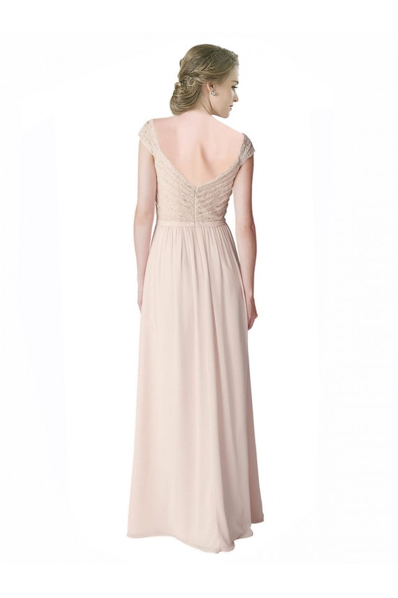 Long Chiffon Bridesmaid Dress with Corded Lace V-Neck Bodice