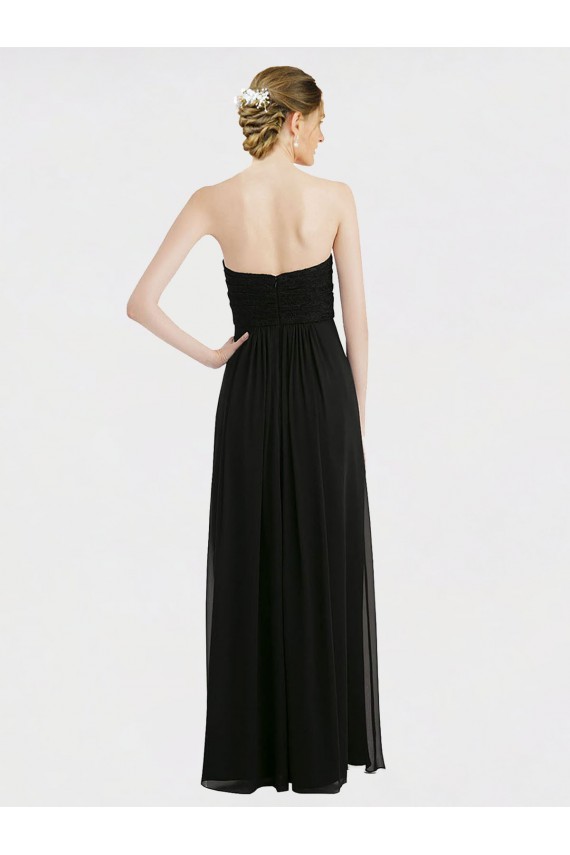 Long Strapless Lace Bodice Bridesmaid Dress with Sweetheart Neckline and Criss-Cross Pleats