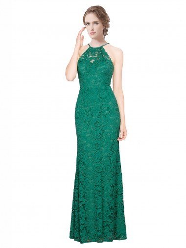 Shop High Illusion Halter Neck Long Lace Bridesmaid Dress / Prom Dress UK