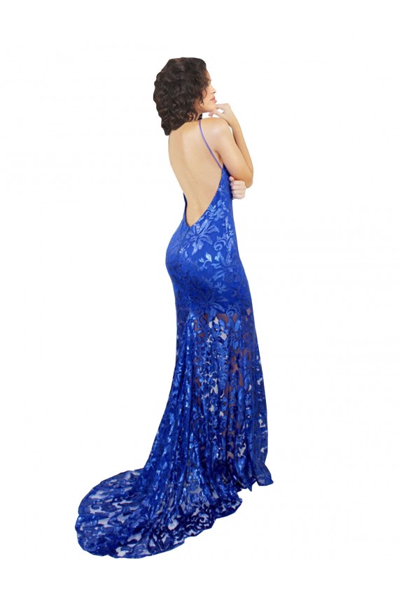 High Neck Long Open Back Lace Bridesmaid Dress / Prom Dress with Train