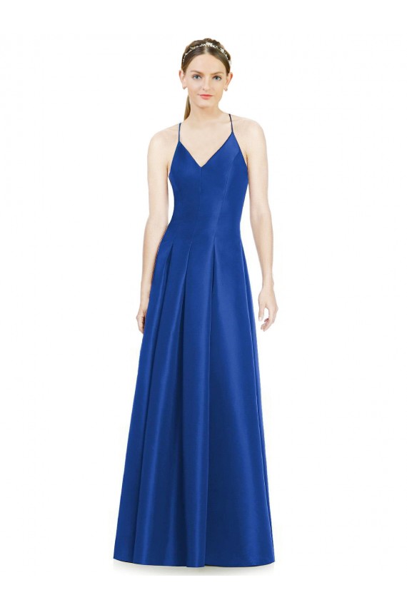 Full Pleated V-Neck Long Satin Bridesmaid Dress with Criss Cross Open Back