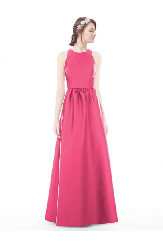 Jewel Neck Keyhole Back Sleek Long Satin Bridesmaid Dress