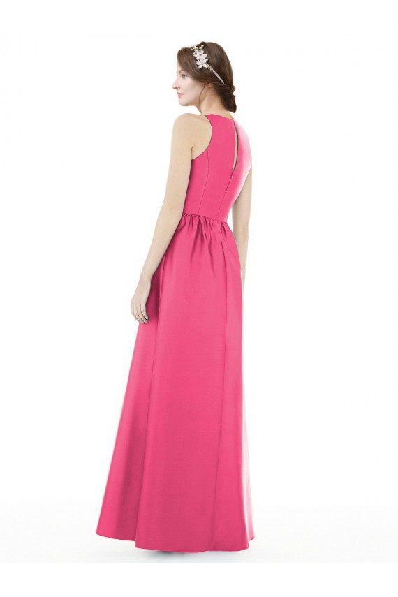 Jewel Neck Keyhole Back Sleek Long Satin Bridesmaid Dress