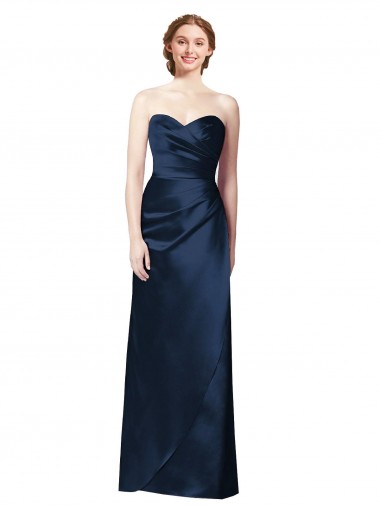 Shop Faux Wrap A-Line Long Satin Bridesmaid Dress with Draped Bodice UK