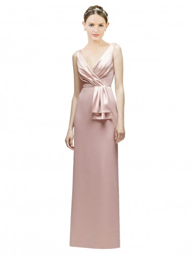 Shop Sleeveless V-Neck Long Satin Bridesmaid Dress with Draped Bodice and Tiered Bow UK