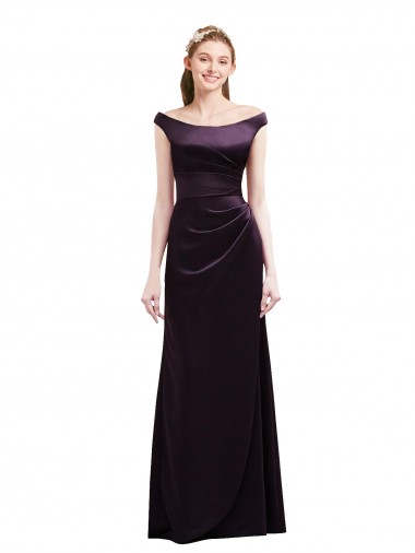 Shop Off The Shoulder Long Satin Bridesmaid Dress with Asymmetrical Pleated Bodice UK