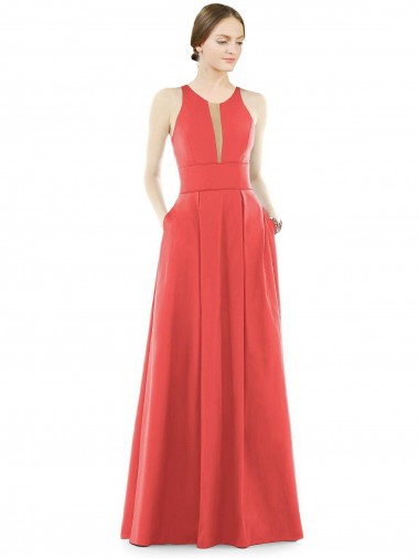 Shop Sheer V-Neck Tulle Illusion Long Satin Bridesmaid Dress UK