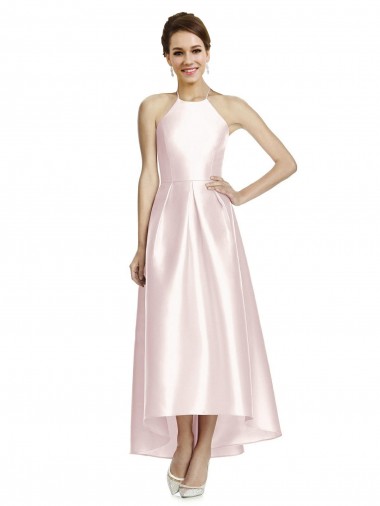 Shop Long High-Low Halter Satin Bridesmaid Dress with Criss-Cross Back UK