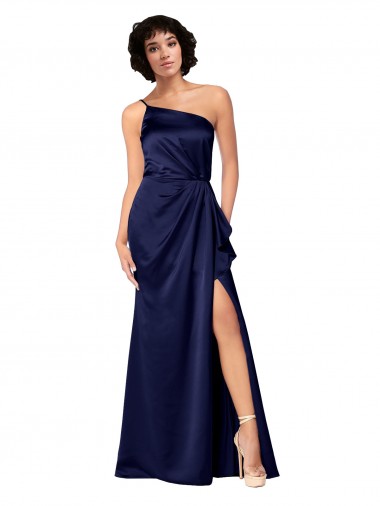 Shop One Shoulder Formal Silky Satin Bridesmaid Dress / Prom Dress with Skirt Slit UK