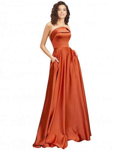 Shop Strapless Sweep Train Formal Silky Satin Bridesmaid Dress / Prom Dress with Pleats UK