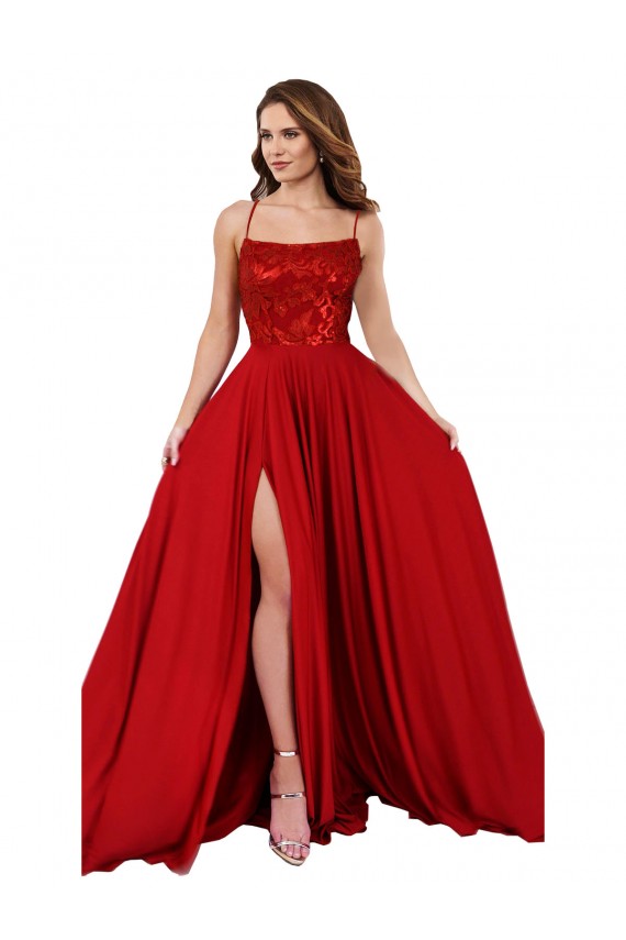 Lace Over Bodice Long Spandex Bridesmaid Dress / Prom Dress with Slit
