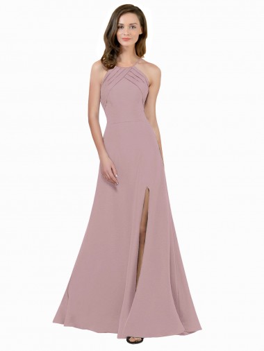 Shop High Neck Crepe Bridesmaid Dress / Prom Dress with Pleats and Keyhole Back UK