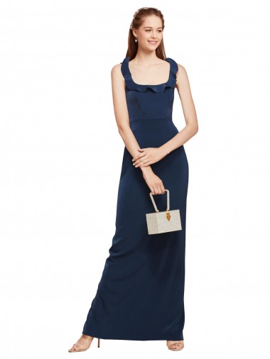 Shop Scoop Neck with Ruffles Long Formal Crepe Bridesmaid Dress / Prom Dress with Back Slit UK