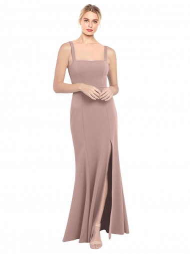 Shop Square Neck Fit and Flare Long Stretch Crepe Bridesmaid Dress / Prom Dress with Side Slit UK