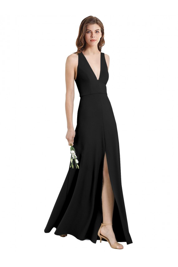 Sleek Halter V-Neck Long A-Line Stretch Formal Crepe Bridesmaid Dress / Prom Dress with Front Slit