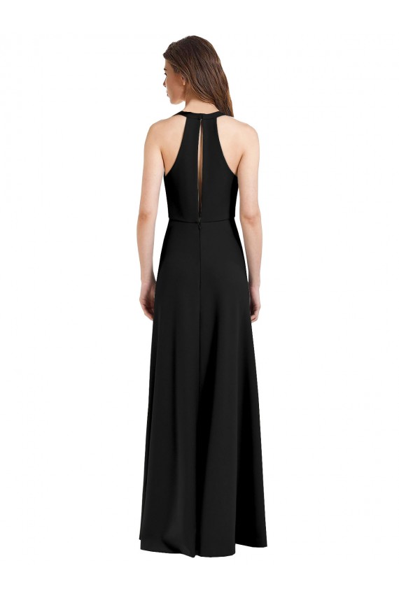 Sleek Halter V-Neck Long A-Line Stretch Formal Crepe Bridesmaid Dress / Prom Dress with Front Slit