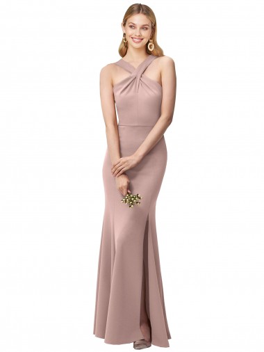 Shop Long Floor Length High Neck Fit and Flare Stretch Crepe Bridesmaid Dress / Prom Dress with Side Slit UK