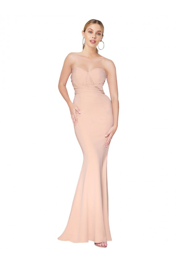 Sweetheart Shirred Neck Long Floor Length Formal Crepe Bridesmaid Dress / Prom Dress