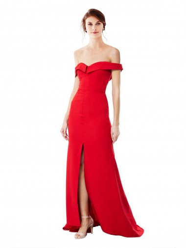 Shop Off the Shoulder Chapel Train Formal Crepe Bridesmaid Dress / Prom Dress with Thigh-High slit UK