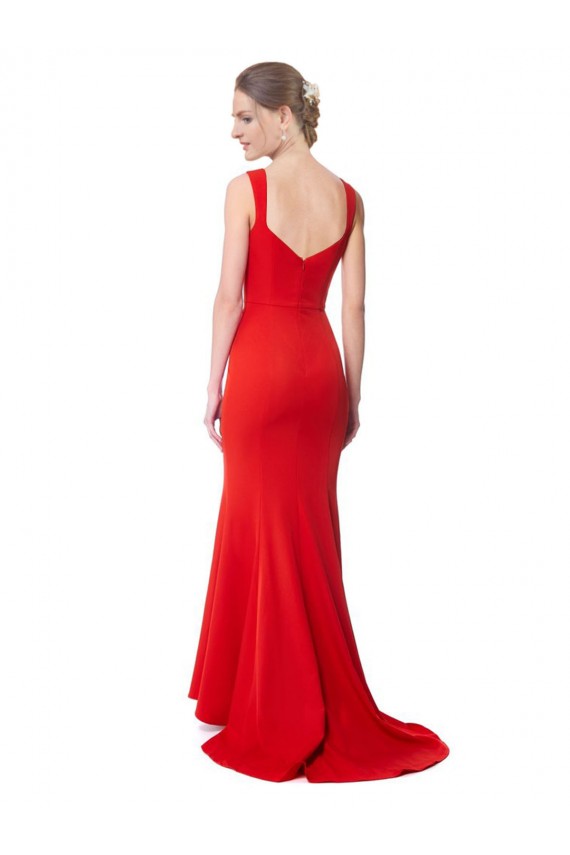Long Chapel Train Fishtail Maxi Formal Crepe Bridesmaid Dress / Prom Dress with Sweetheart Neckline