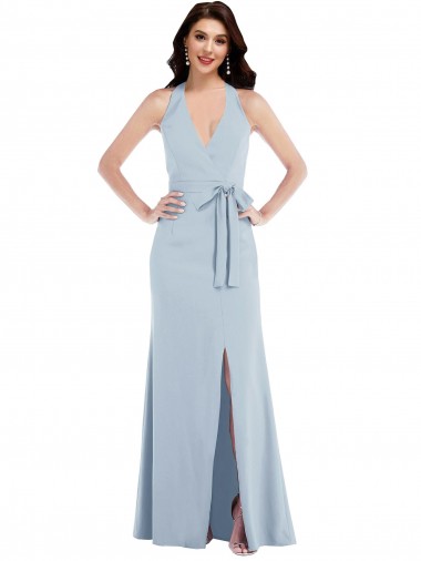 Shop Open Back Halter Maxi Formal Crepe Bridesmaid Dress / Prom Dress with Draped Bow UK