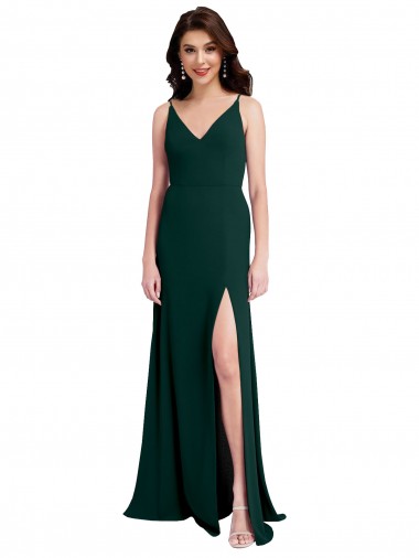 Shop Slim A-Line V-Neck Full Length Formal Crepe Bridesmaid Dress / Prom Dress with Side Slit UK