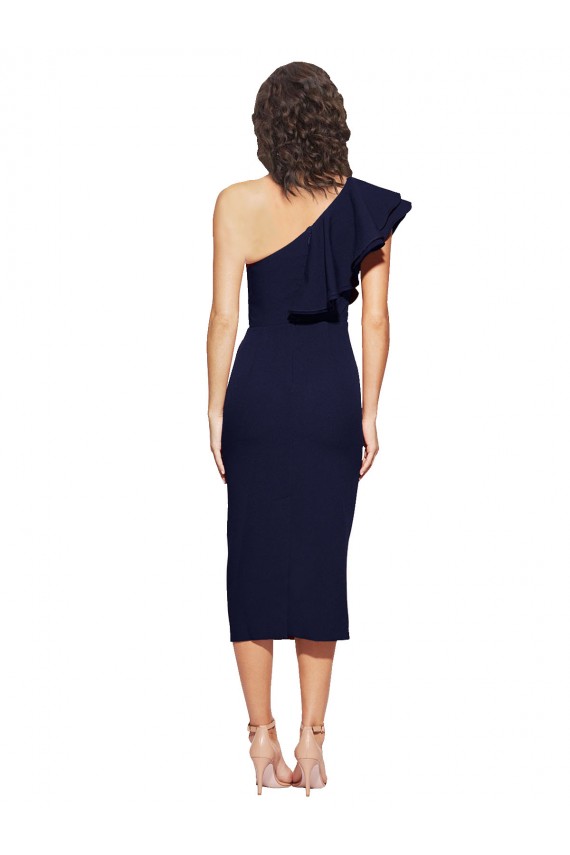 Ruched Midi Length Short Cocktail Formal Crepe Bridesmaid Dress / Prom Dress with Shoulder Ruffles