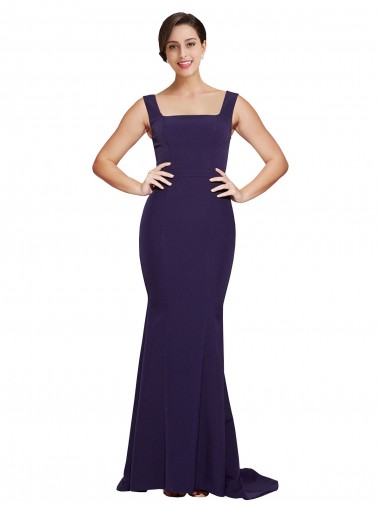 Shop Square Neck Long Sweep Train Crepe Bridesmaid Dress / Prom Dress with Thick Straps UK