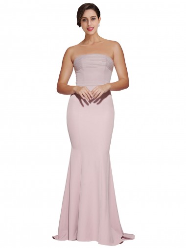 Shop Straight Neck Long Strapless Formal Crepe Bridesmaid Dress / Prom Dress with Soft Tulle Overlay and Small Train UK