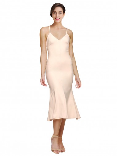 Shop Midi Cocktail Length V-Neckline Crepe Bridesmaid Dress / Prom Dress with Thin Straps and Fulted Skirt UK