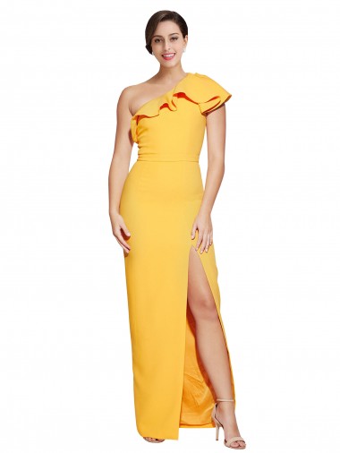 Shop One Shoulder Floor Length Formal Crepe Bridesmaid Dress / Prom Dress with Thigh High Split UK