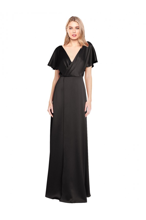 Cap Sleeves Open Back Long Formal Stretch Satin Bridesmaid Dress / Prom Dress