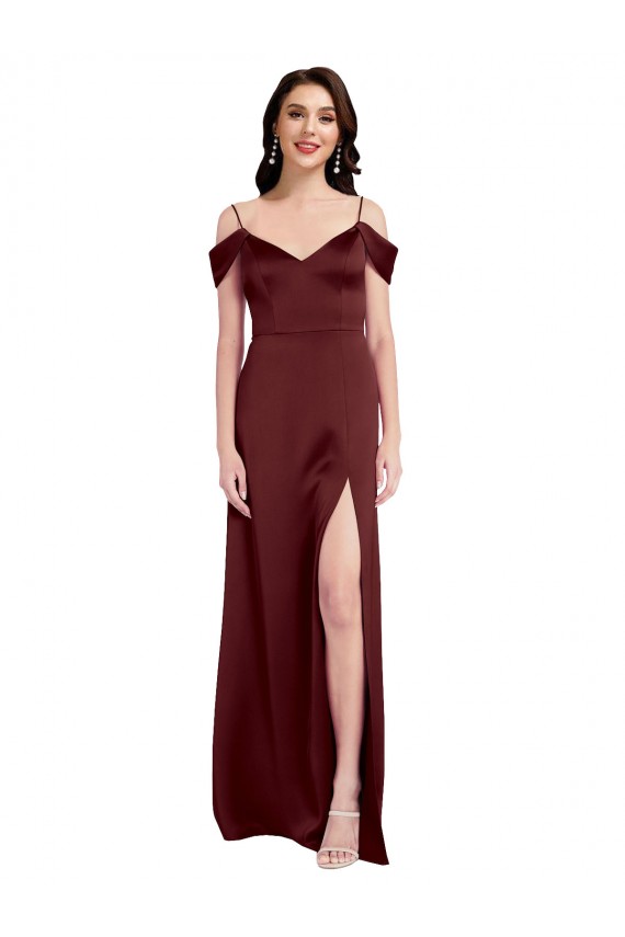 Draped Off the Shoulder Sleeves Slim A-Line Formal Stretch Satin Bridesmaid Dress / Prom Dress with Side Slit