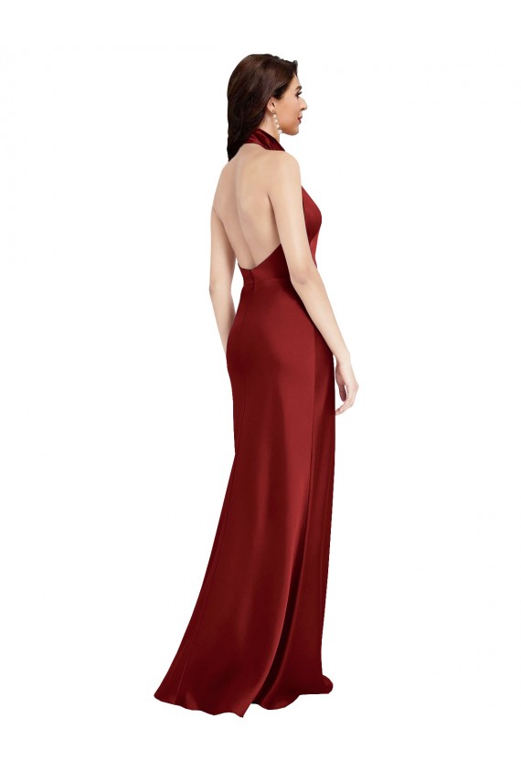 Backless Halter Long Formal Stretch Satin Bridesmaid Dress / Prom Dress
